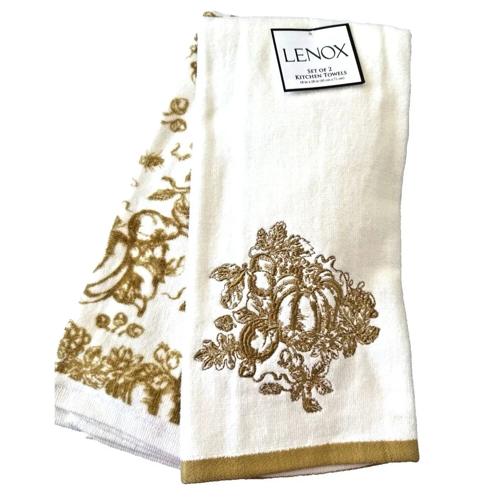 Lenox Ivory Gold Embroidered Pumpkin Toile Kitchen Towels 18x28 Thanksgiving